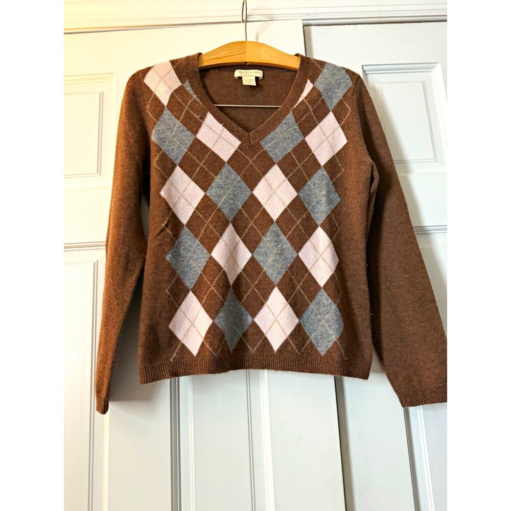 Simply Cashmere Brown Argyle V-Neck Sweater 100% Cashmere Women's Size M Plaid